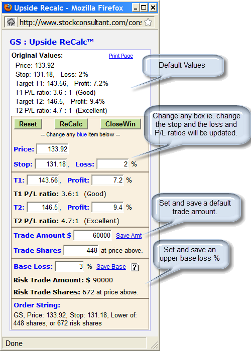 Sample Upside ReCalc™ page fine tune a stocks upside trade parameters
